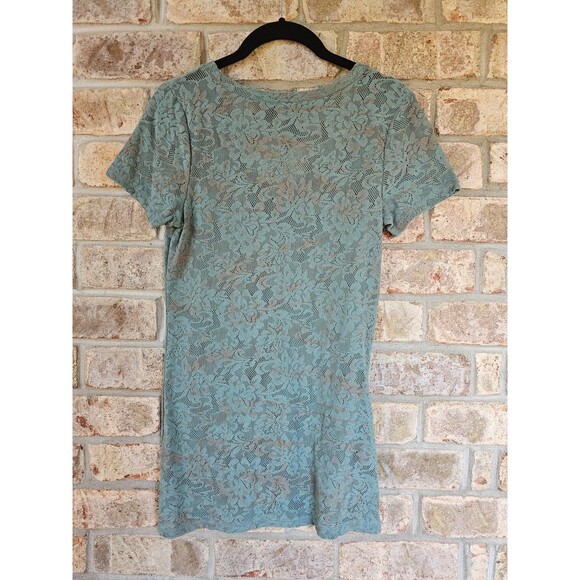 BKE BOUTIQUE Teal Sheer Lacy V-Neck Tee T-Shirt Top Women's M Short Sleeve - Picture 5 of 5